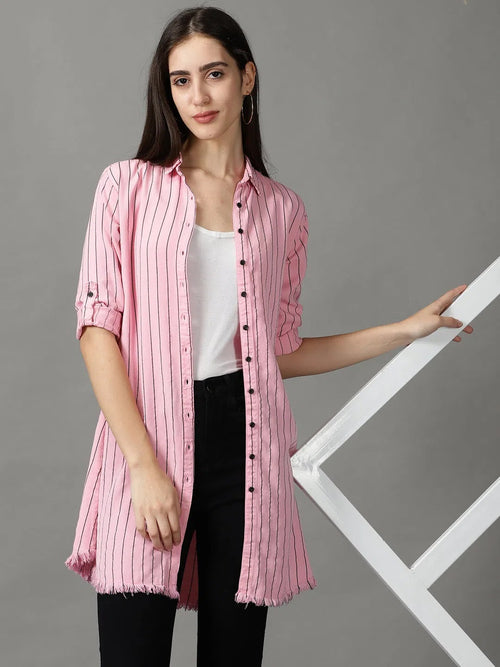 Women's Pink Striped Longline Shirt-AE-444104-Pink