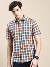 Men Khaki Checked Casual Shirt-ALMACHECKS-87-Khaki