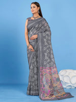 Saree Mall Women's Linen Blend Grey Printed Designer Saree With Blouse Piece-SUMER106