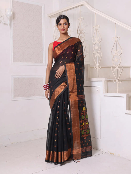 Black Cotton Saree With Zari Borders-MA64BCT401190054