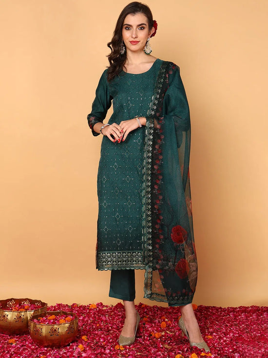 Ahika Women Green Organza Floral Embroidered Straight Kurta Trouser With Dupatta-PKSKD2090_XS