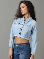 Women's Blue Solid Denim Jacket-AE-9505-Blue