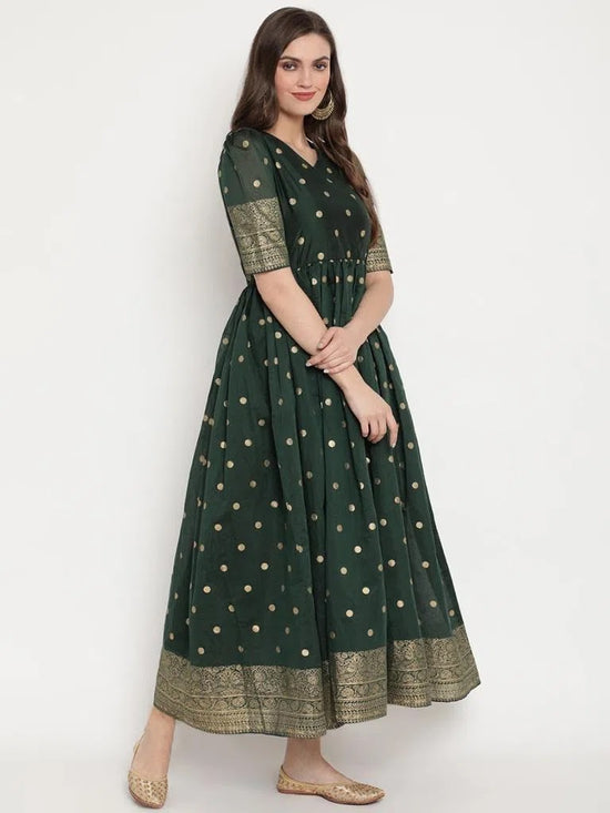 Ahalyaa Women'S Dark Green Chanderi Polka Dot Printed Kurta