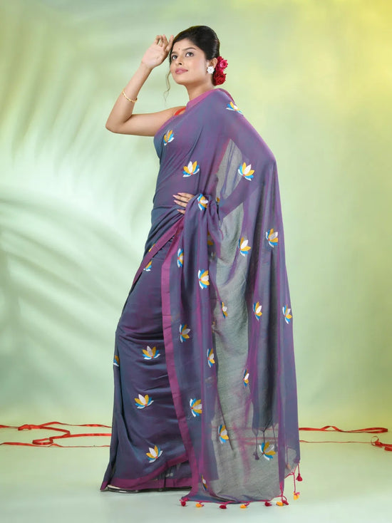 All Over Thread Embroidery Aegean Blue Cotton Handspun Saree-MA62CH33660051