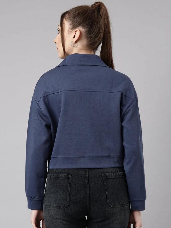 Women Blue Solid Front-Open Oversized Crop Sweatshirt-AF-2099-Blue