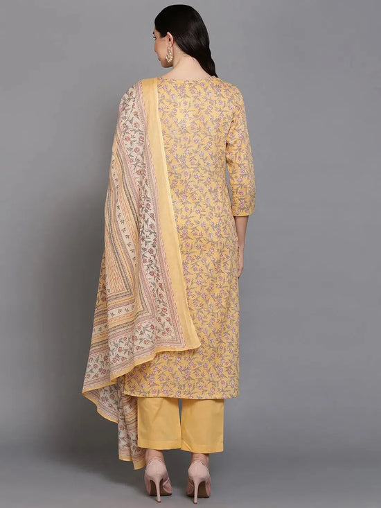 Ahika Women Yellow Cotton Blend Embroidered Straight Kurta Pant Set