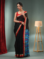 Black Silk Linen Handwoven Saree With Temple Border-MA50SLN061100096