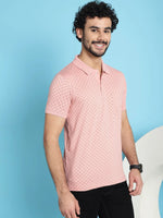 Venitian Men All Over Printed Polo Neck Pink Cotton T-Shirt With Pocket