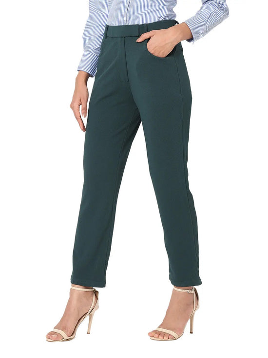 Smarty Pants Women's Cotton Lycra Ankle Length Straight Fit Bottle Green Formal Trouser