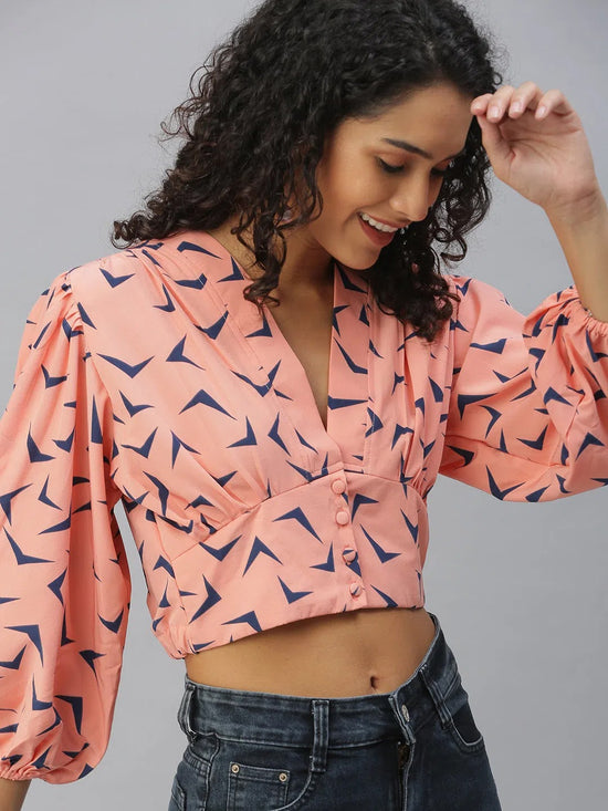 Women's Peach Printed Crop Tops-AE-10292-Peachnavyblue