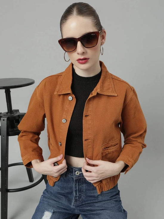 Women Rust Solid Denim Jacket-GZ-5581-Rust