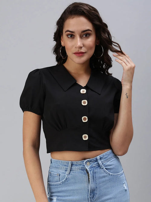 Women's Black Solid Crop Top-SH-7165-Black