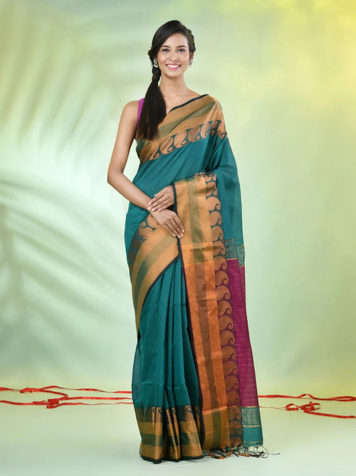 Green Cotton Saree With Zari Borders-MA66BCT43620061