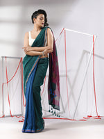 Teal Cotton Saree With Sequine Work And Zari Stripe Pallu-MA55CT06520124