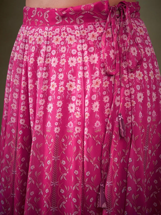 Women Pink Floral Anarkali Skirt With Crop Top