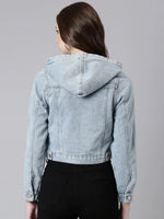 Women Blue Solid Denim Jacket-CHN-369-Blue