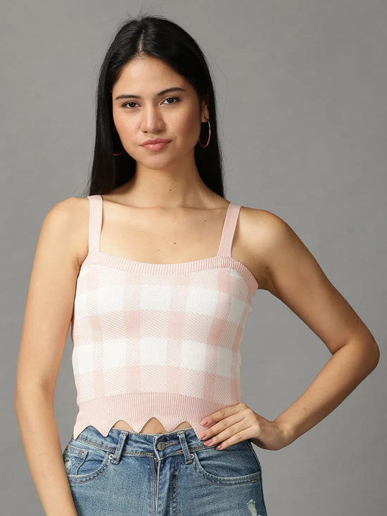 Women's Pink Checked Fitted Crop Top-BEC-91CH-Pink