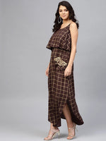 Printed Flare yoke with U hem long dress in Brown