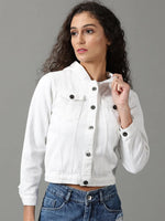 Women's White Solid Denim Jacket-AE-9511-White