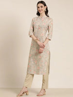 Women Beige Floral Kurta Set-DW-3492-Beige