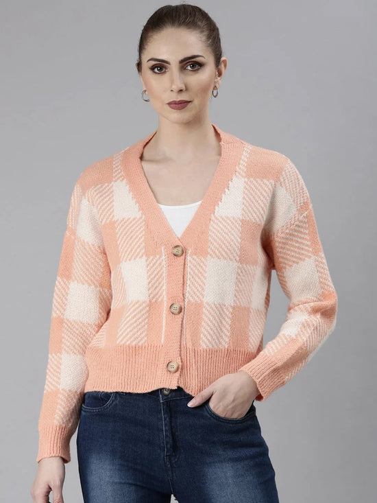 Women Peach Checked Cardigan-CHN-64902-Peach