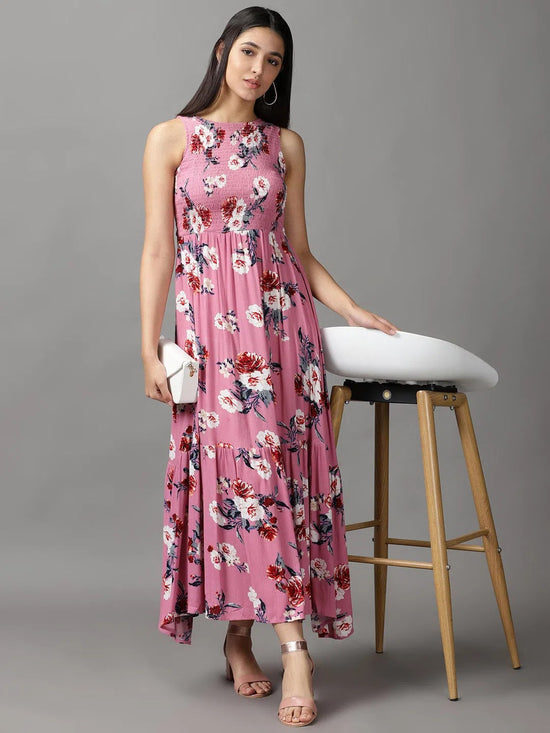 Women's Pink Floral Fit and Flare Dress-AE-15736-Pink