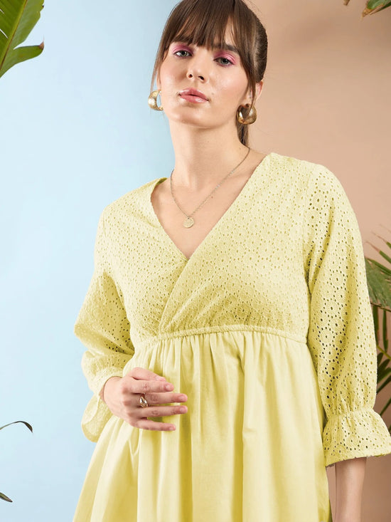 Women Lemon Yellow Schiffli Shift Dress