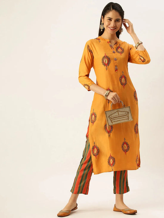 Women's Orange Printed Kurta Sets-FS-1525-Orange