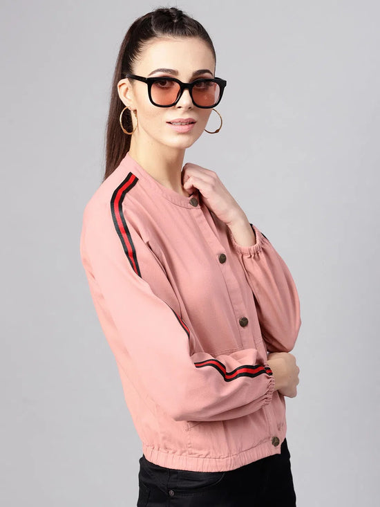 Women Solid Pink Round Neck Full Sleeve Jacket