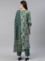 Ahika Women Green Rayon Blend Printed Straight Kurta Pant Set With Dupatta