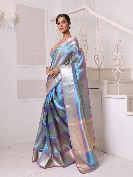 Teal Dual-Tone Tissue Saree With Zari Borders-MA64TIS46610002