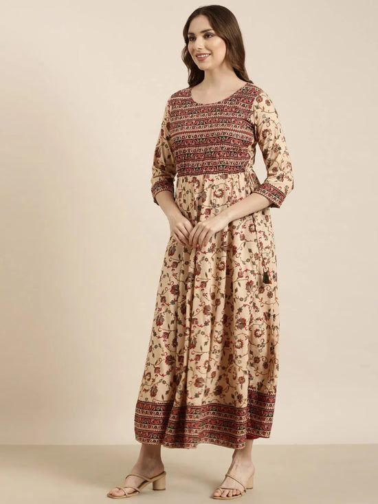 Women Anarkali Beige Floral Kurta-AT-A1463-LG-Beige