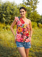 One shoulder Frill Top in Multi color Print