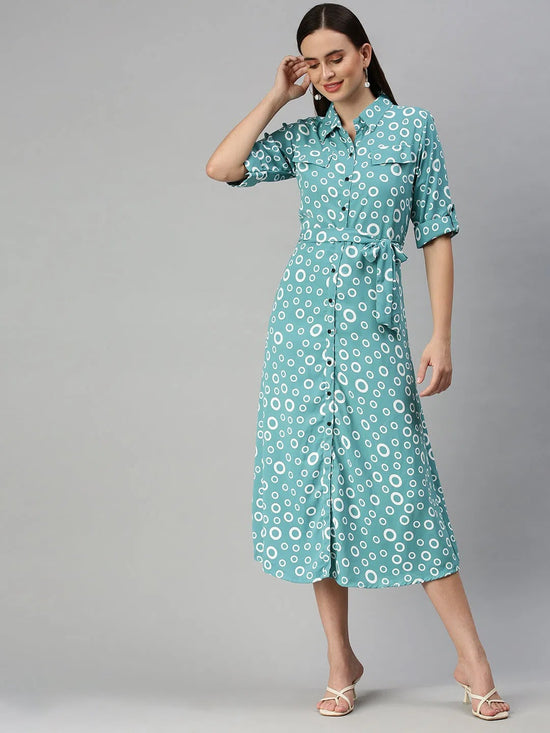 Women's Green Printed Shirt Dress-AE-444943-Seagreen