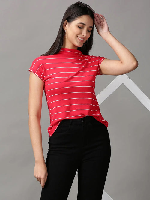 Women's Red Striped Top-AE-10453-Red