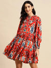 Mini Printed layered dress with balloon sleeve in Red Ikkat Print