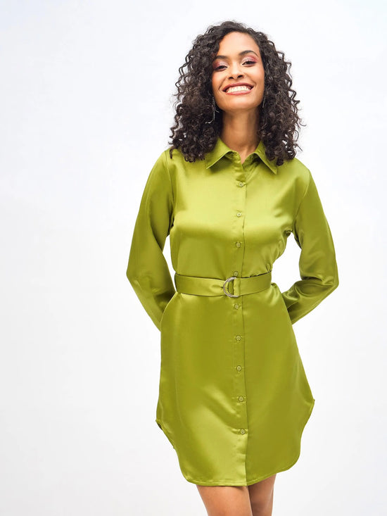 Women Olive Satin Belted Shirt Dress