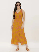 Block Printed Front overlap Maxi dress in Mustard