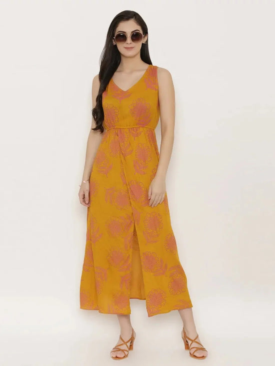 Block Printed Front overlap Maxi dress in Mustard