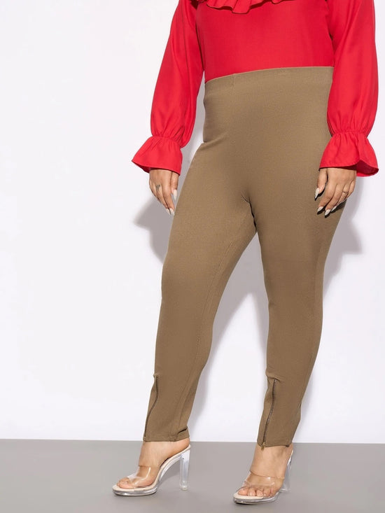 Women Beige Metal Zipper Hem Detail Pants