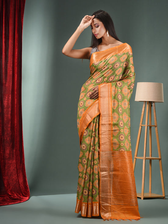 Light Green Blended Silk Handwoven Ajrakh Print Saree-MA50BSL34830016