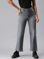 Women's Grey Solid Wide Leg Denim Jeans-IM-9825-Grey