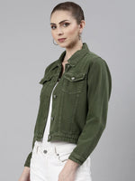 Women Green Solid Denim Jacket-GZ-5598-Green