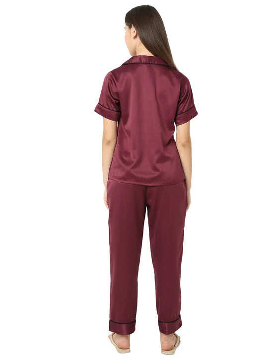 Smarty Pants Women's Silk Satin Wine Color Night Suit-SMNSP-926-S