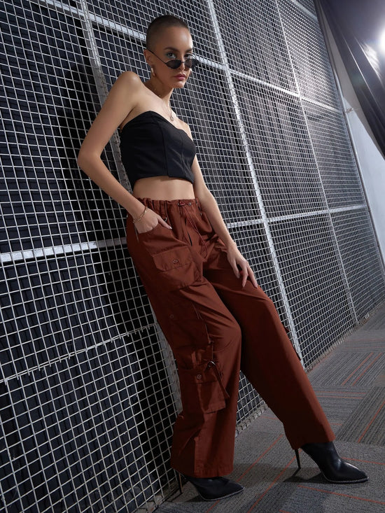 Women Rust Poplin Multi Pocket Cargo Pants