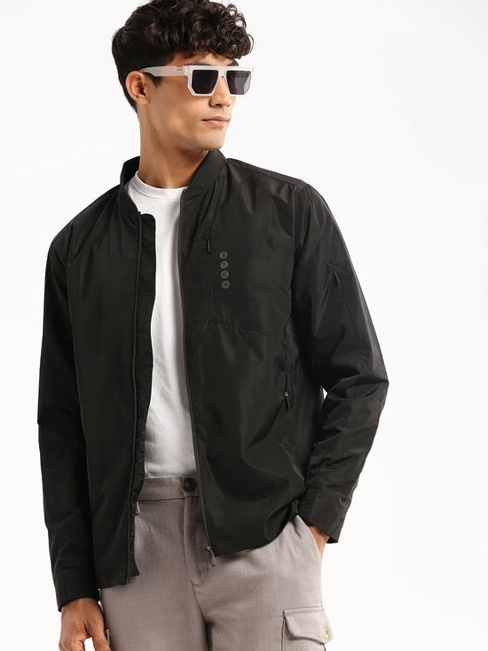 Men Black Mandarin Collar Solid Bomber-STCW-J-8-Black