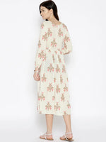 Midi dress with ikat print and balloon sleeve in Off White