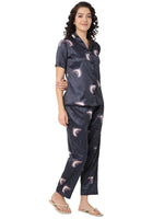 Smarty Pants Women's Silk Satin Teal Blue Color Moon Printed Night Suit