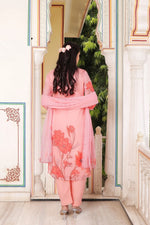 Vaasva Women Pink Tabby Slik Print & Embroidered Kurta, Pant & Dupatta set