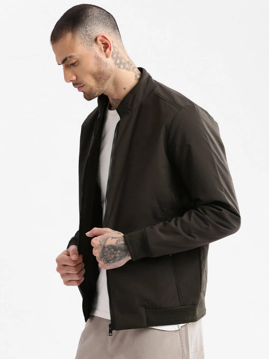 Men Mock Collar Olive Solid Bomber Jacket-ZD-3404-Olive